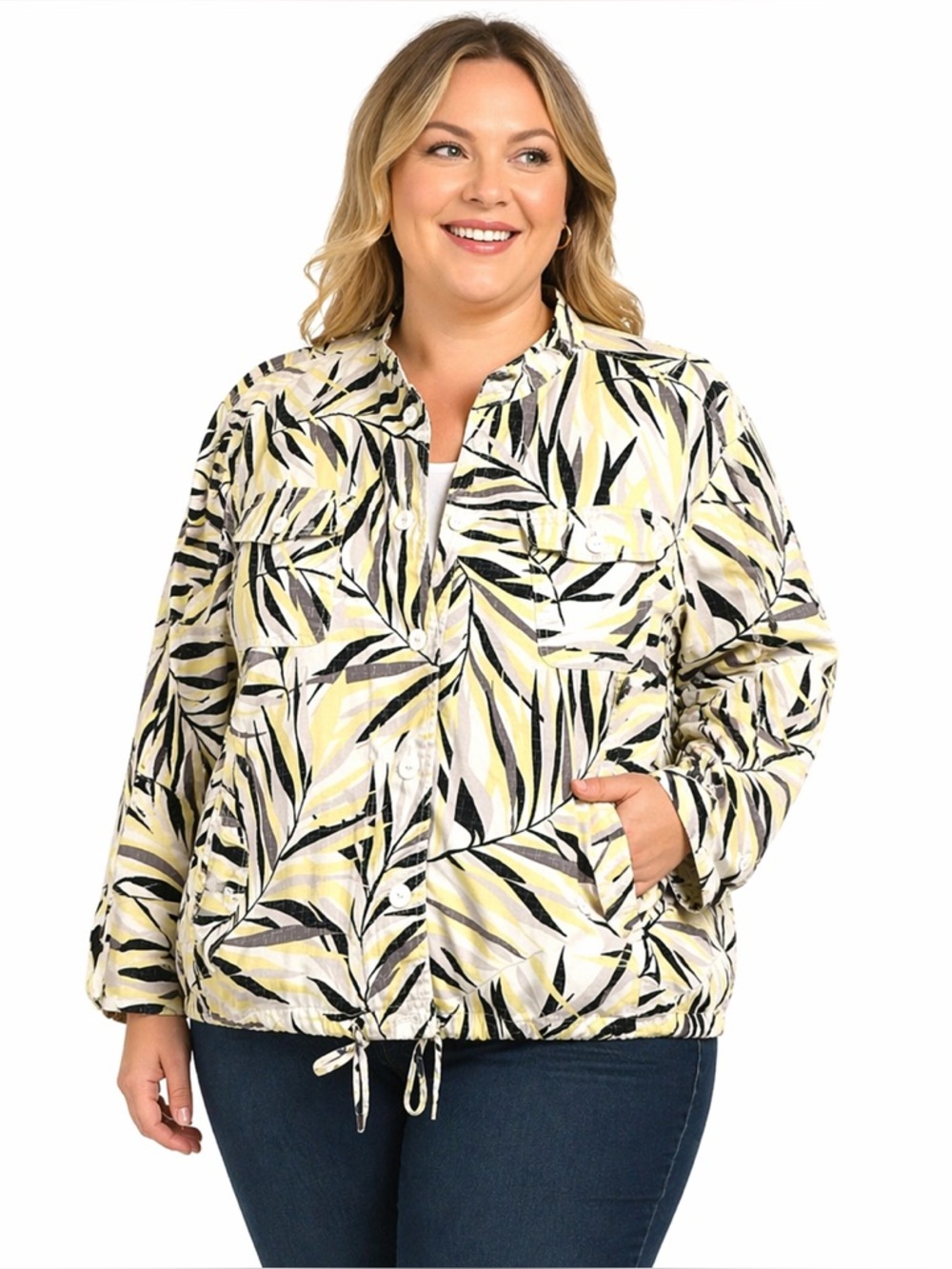 LARK LANE Tropical Leaf Print Utility Jacket Button Front 22W